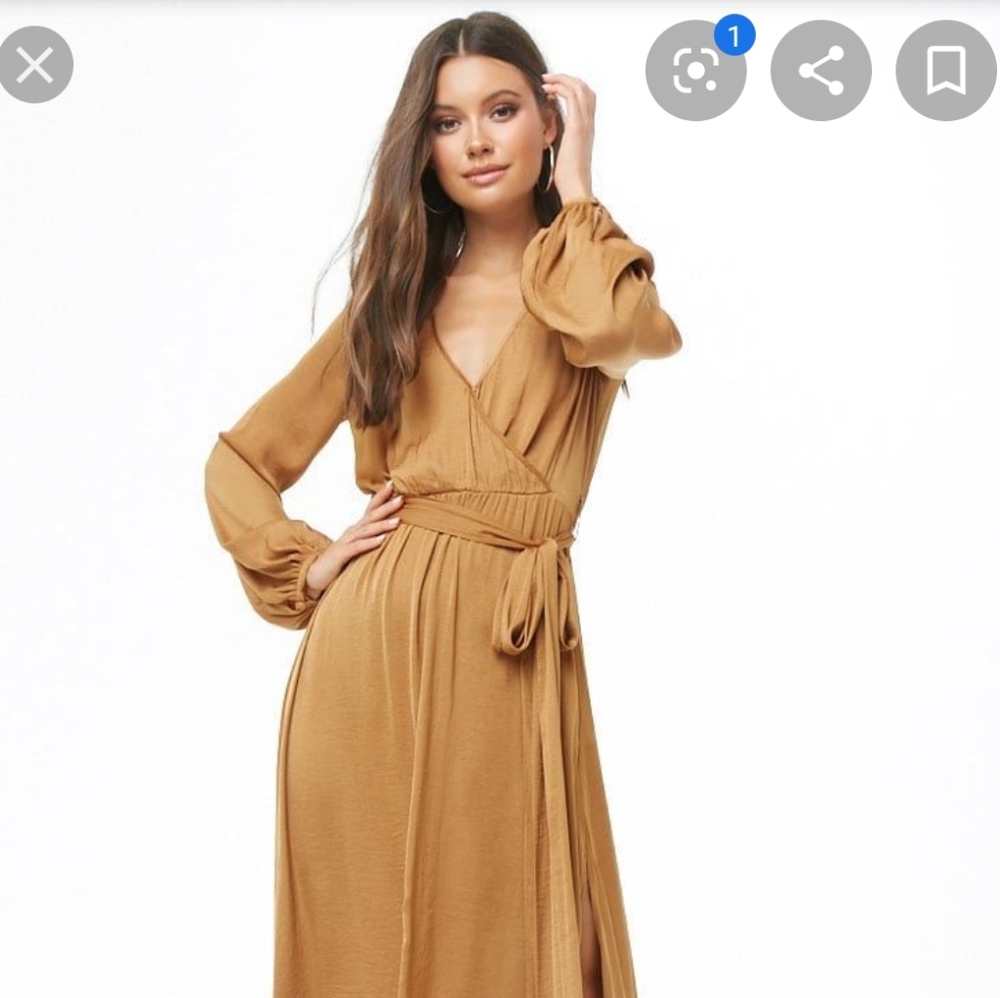 Long-sleeve Satin Surplice Maxi Dress